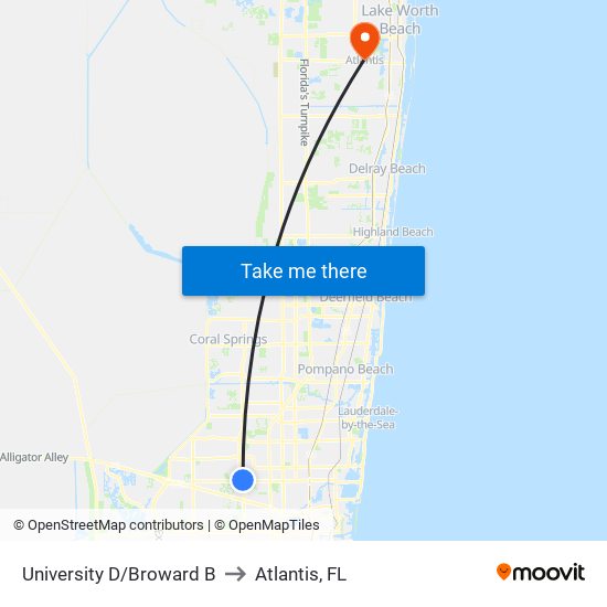 University D/Broward B to Atlantis, FL map