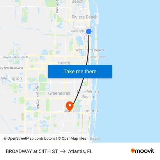 BROADWAY at 54TH ST to Atlantis, FL map