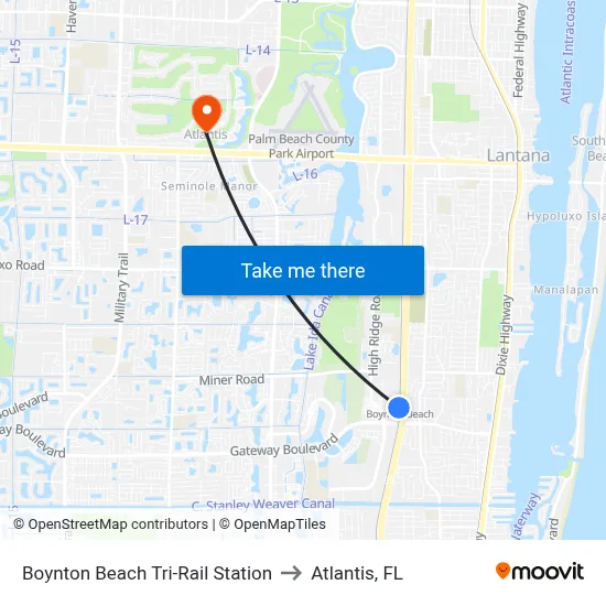 Boynton Beach Tri-Rail Station to Atlantis, FL map