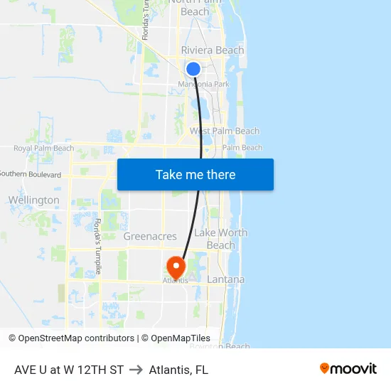 AVE U at W 12TH ST to Atlantis, FL map