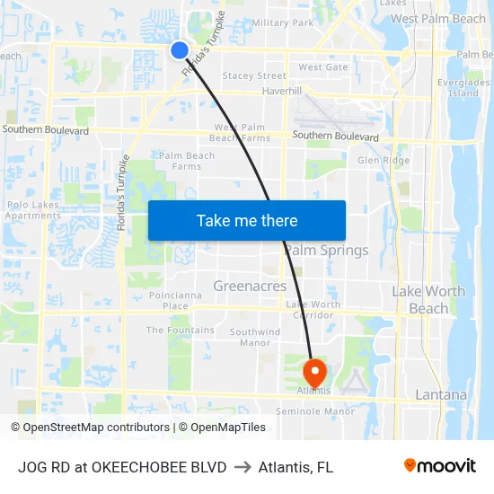 JOG RD at OKEECHOBEE BLVD to Atlantis, FL map