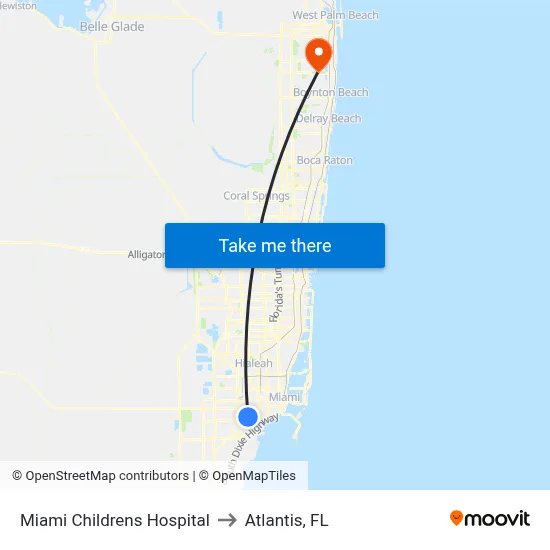 Miami Childrens Hospital to Atlantis, FL map