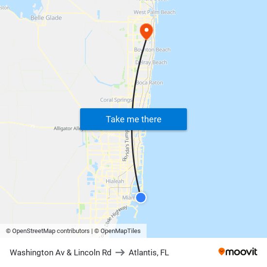 Washington Av & Lincoln Rd to Atlantis, FL map