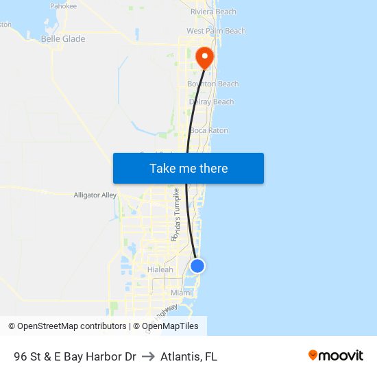 96 St & E Bay Harbor Dr to Atlantis, FL map