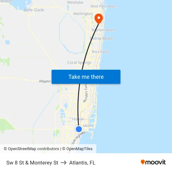 Sw 8 St & Monterey St to Atlantis, FL map