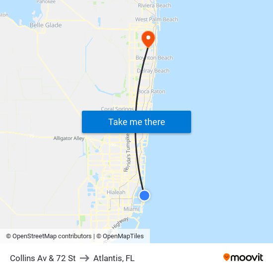 Collins Av & 72 St to Atlantis, FL map