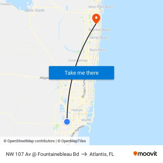 NW 107 Av @ Fountainebleau Bd to Atlantis, FL map