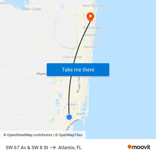 SW 67 Av & SW 8 St to Atlantis, FL map