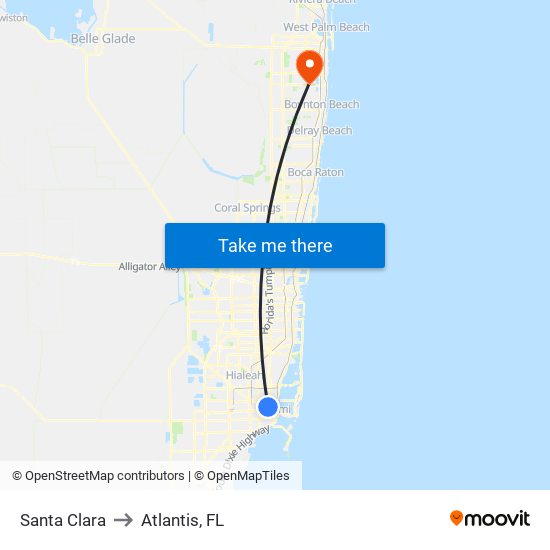 Santa Clara to Atlantis, FL map