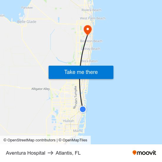 Aventura Hospital to Atlantis, FL map