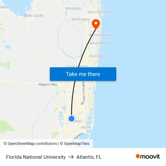 Florida National University to Atlantis, FL map