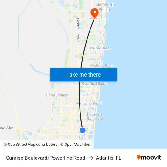 Sunrise Boulevard/Powerline Road to Atlantis, FL map