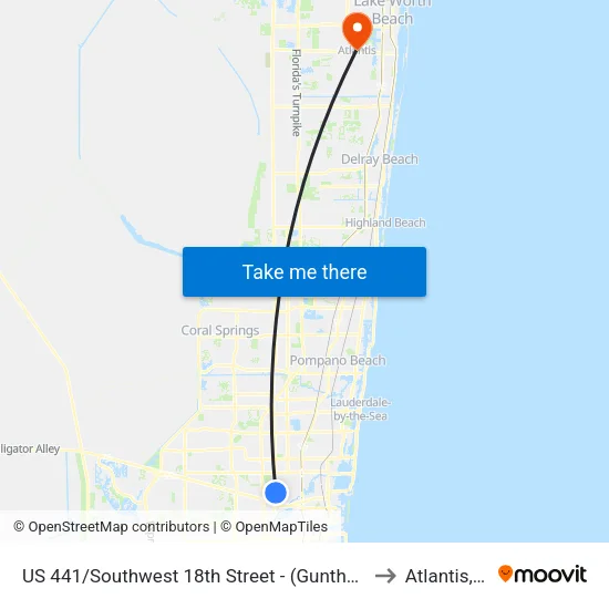 US 441/Southwest 18th Street - (Gunther Kia) to Atlantis, FL map