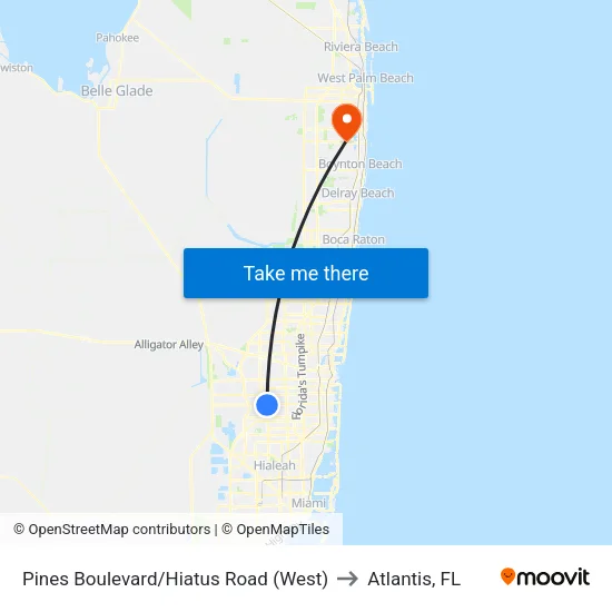 Pines Boulevard/Hiatus Road (West) to Atlantis, FL map