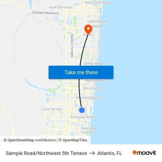Sample Road/Northwest 5th Terrace to Atlantis, FL map