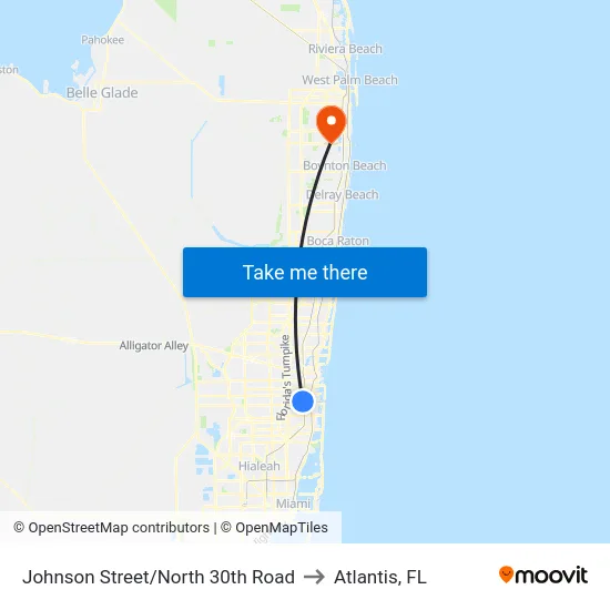 Johnson Street/North 30th Road to Atlantis, FL map