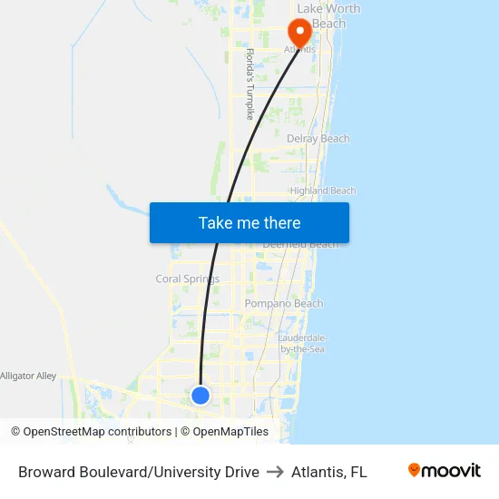 Broward Boulevard/University Drive to Atlantis, FL map