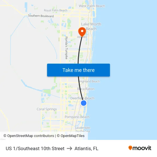 US 1/Southeast 10th Street to Atlantis, FL map