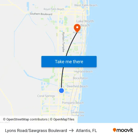 Lyons Road/Sawgrass Boulevard to Atlantis, FL map