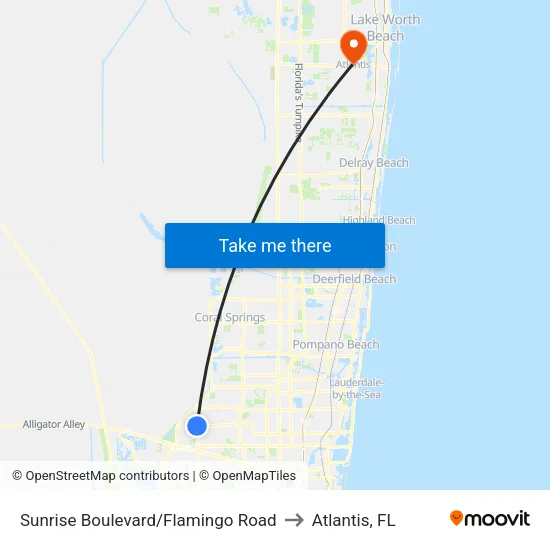 Sunrise Boulevard/Flamingo Road to Atlantis, FL map