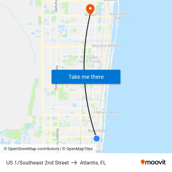 US 1/Southeast 2nd Street to Atlantis, FL map