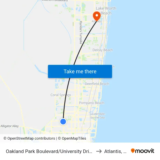 Oakland Park Boulevard/University Drive to Atlantis, FL map