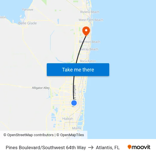 Pines Boulevard/Southwest 64th Way to Atlantis, FL map