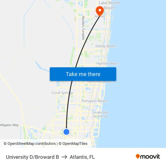 University D/Broward B to Atlantis, FL map