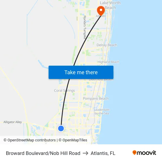 Broward Boulevard/Nob Hill Road to Atlantis, FL map