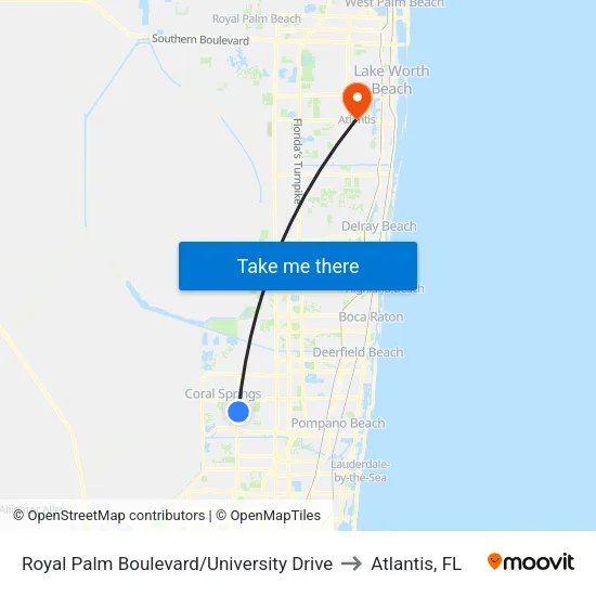 Royal Palm Boulevard/University Drive to Atlantis, FL map