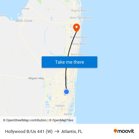 Hollywood B/Us 441 (W) to Atlantis, FL map