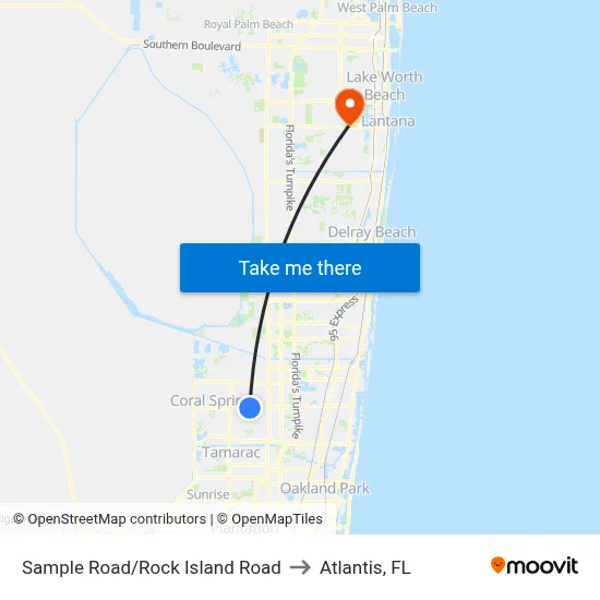 Sample Road/Rock Island Road to Atlantis, FL map