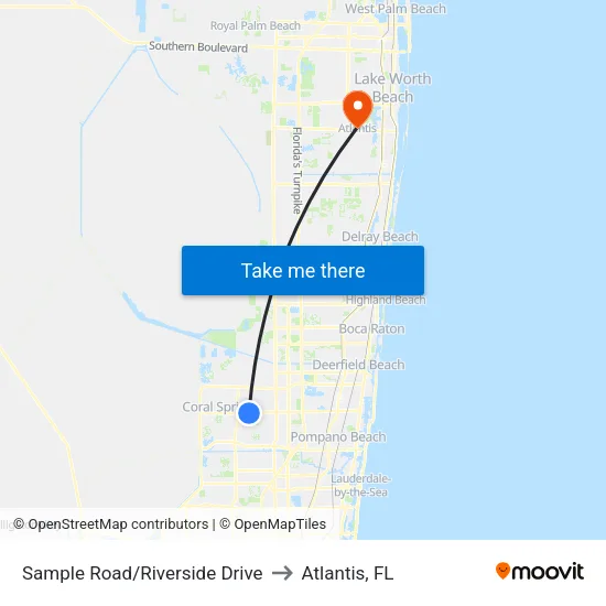 Sample Road/Riverside Drive to Atlantis, FL map
