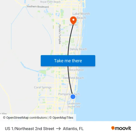 US 1/Northeast 2nd Street to Atlantis, FL map