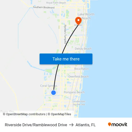 Riverside Drive/Ramblewood Drive to Atlantis, FL map