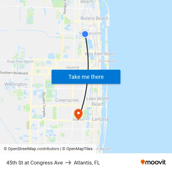 45th St at Congress Ave to Atlantis, FL map