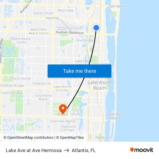 Lake Ave at Ave Hermosa to Atlantis, FL map