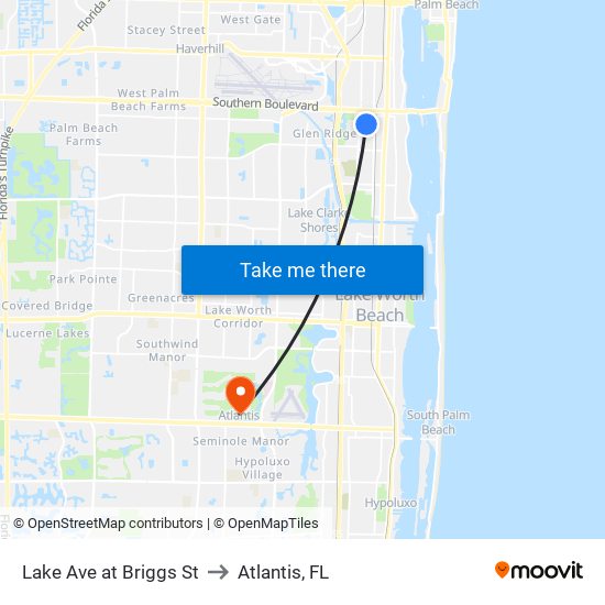 Lake Ave at Briggs St to Atlantis, FL map