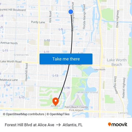 Forest Hill Blvd at Alice Ave to Atlantis, FL map