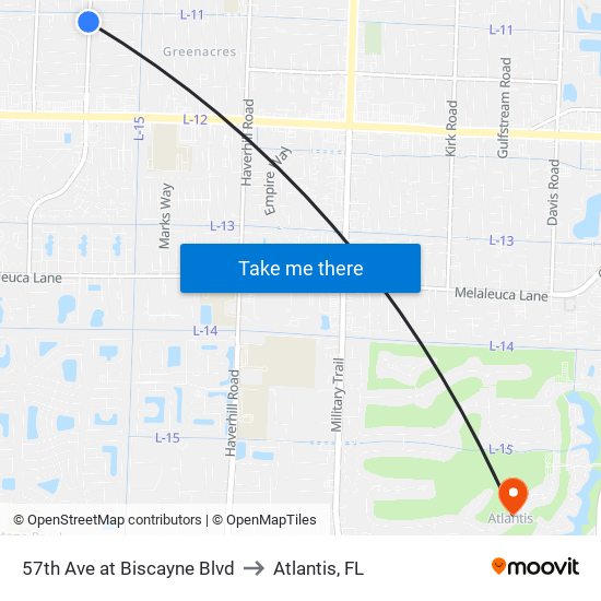 57th Ave at Biscayne Blvd to Atlantis, FL map