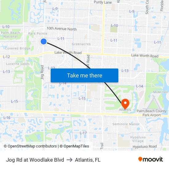 Jog Rd at Woodlake Blvd to Atlantis, FL map