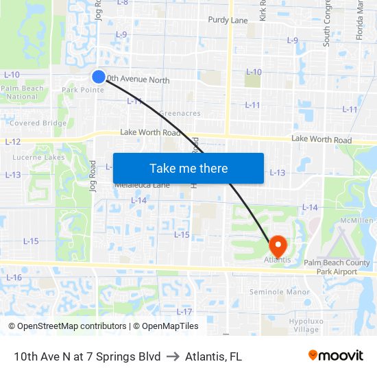 10th Ave N at 7 Springs Blvd to Atlantis, FL map