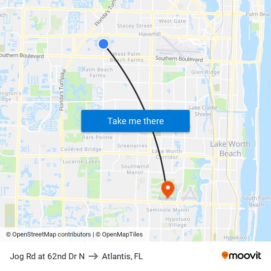 Jog Rd at 62nd Dr N to Atlantis, FL map