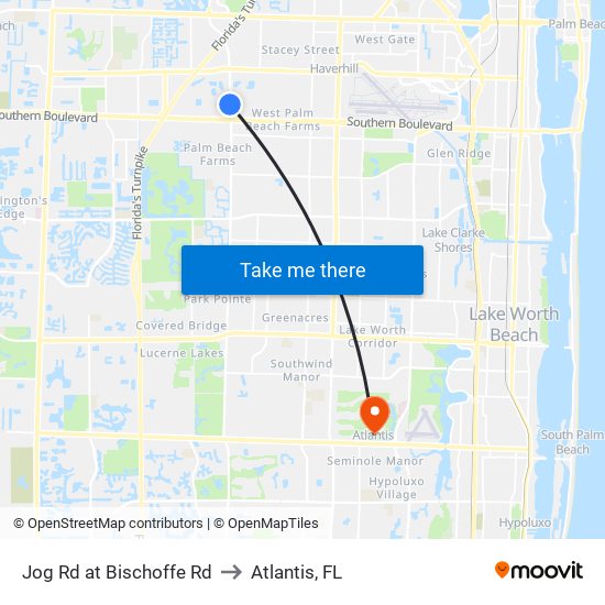 Jog Rd at Bischoffe Rd to Atlantis, FL map