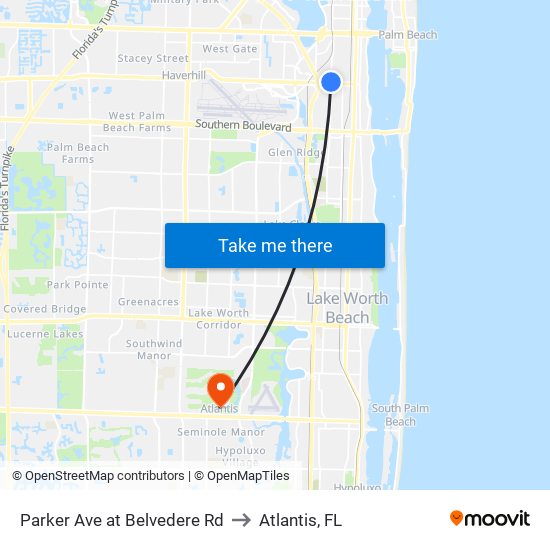 Parker Ave at Belvedere Rd to Atlantis, FL map