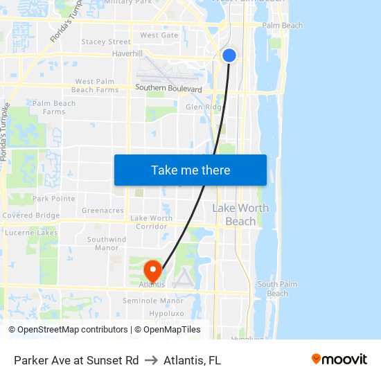 Parker Ave at Sunset Rd to Atlantis, FL map