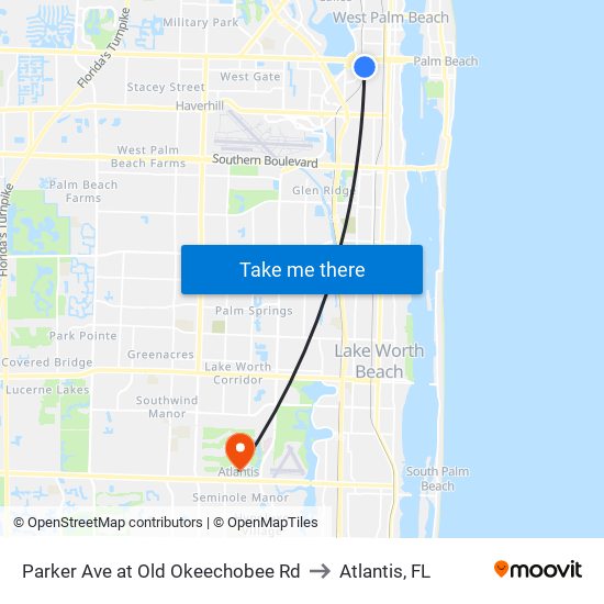 Parker Ave at Old Okeechobee Rd to Atlantis, FL map