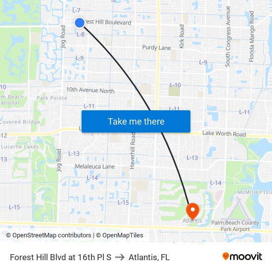 Forest Hill Blvd at 16th Pl S to Atlantis, FL map