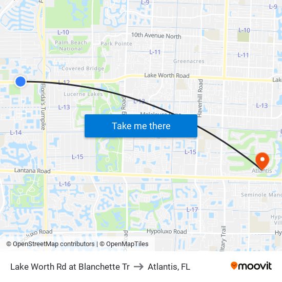 Lake Worth Rd at Blanchette Tr to Atlantis, FL map