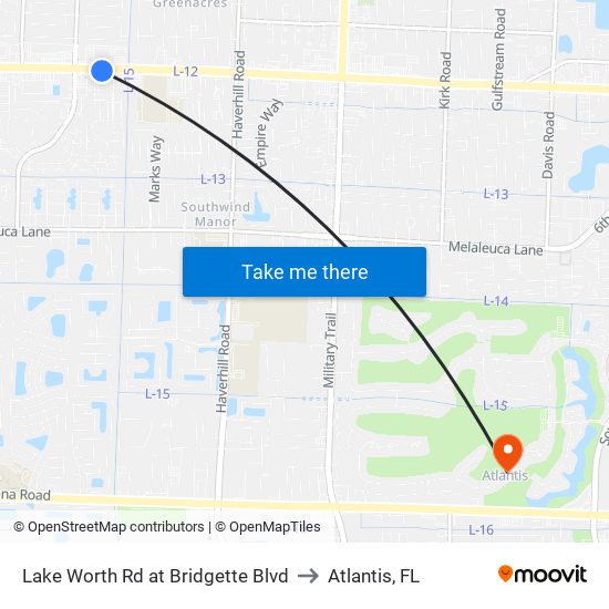 Lake Worth Rd at Bridgette Blvd to Atlantis, FL map